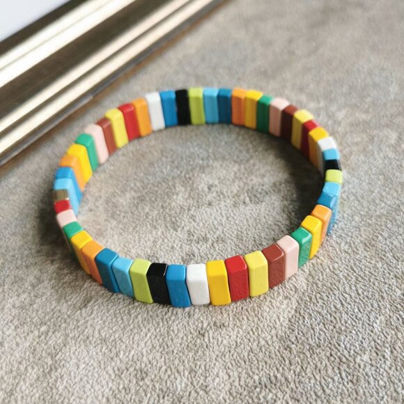 Roxanne Assoulin Rainbow Brite Bit X Bit Gold Colorful Enamel Stretch Bracelet - Picture 2 of 4
